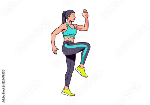 Active woman performing a high-knee running exercise, showcasing fitness and healthy living