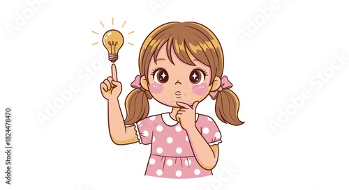 Cute little cartoon girl character with a spoon, smiling with joy, is a fun vector illustration of childhood