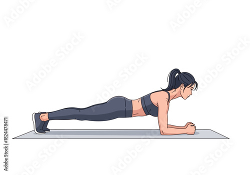 Focused woman performing a forearm plank exercise on a mat, showcasing core strength and stability for a balanced fitness and workout routine