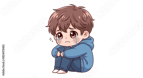 A cute little blond boy sitting and smiling with a funny cartoon expression