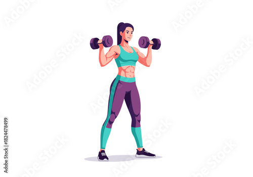 Fitness-Focused Illustration Woman Lifting Dumbbells to Build Muscle and Achieve Health Goals