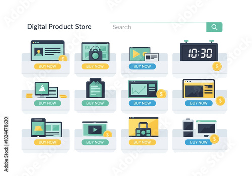 E-commerce Platform Layout Showcasing Diverse Digital Goods like Web Templates, Applications, and Media for Online Shopping