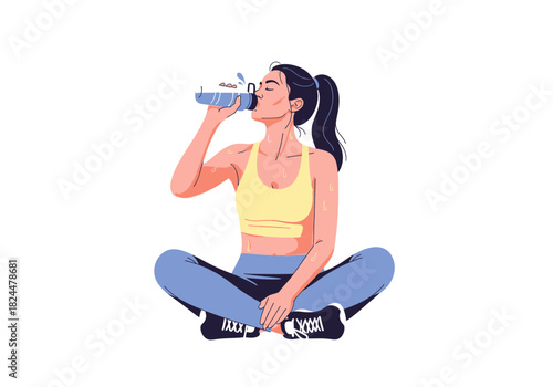 Healthy woman in sportswear drinking water after workout, taking a break to rehydrate and recover