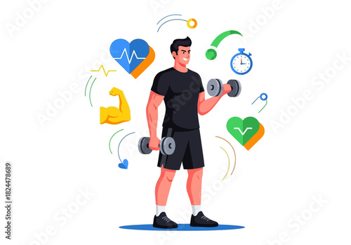 Dynamic illustration of a man lifting dumbbells, symbolizing strength, health, and an active lifestyle, surrounded by motivational fitness and wellness icons