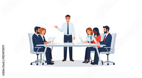 Business leader conducting a presentation for a diverse group of professionals during a corporate conference room meeting