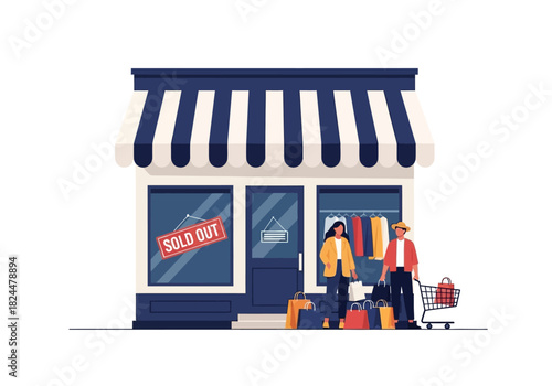 Closed Storefront with Sold Out Sign and Shoppers with Shopping Carts