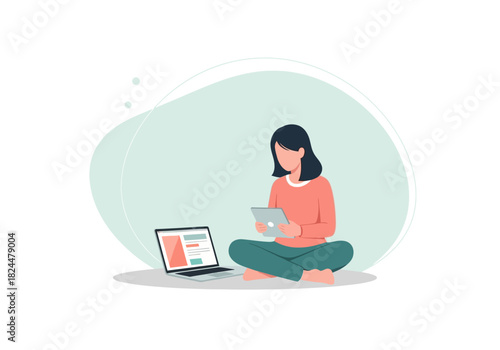 Vector illustration of a young woman sitting cross-legged on the floor, using a tablet and laptop for work or study, representing a modern digital lifestyle