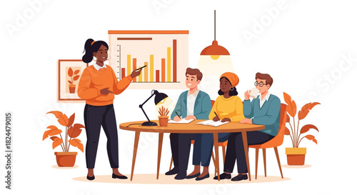 African American business coach leading a training session, explaining a successful strategy concept to a diverse group of employees