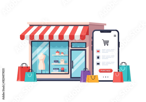 Dynamic illustration of a classic storefront alongside a smartphone showing a successful online purchase, highlighting the convenience of modern e-commerce and digital shopping