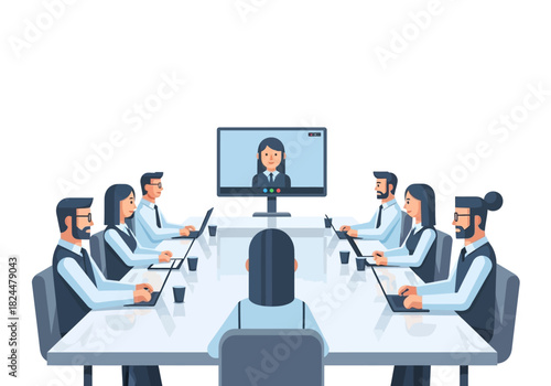Professional team holds a hybrid business meeting, collaborating efficiently with remote participants via video conferencing for strategic discussions and decisions