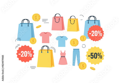 Colorful Shopping Sale Illustration with Clothes and Discount Tags