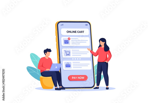 Online Shopping People Using Mobile App for Purchasing with Shopping Cart on Phone