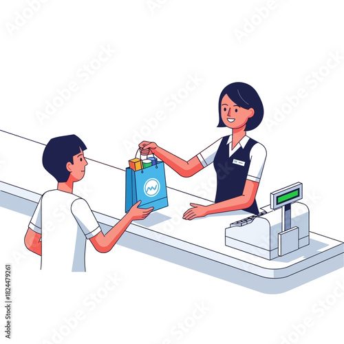 Retail Interaction Customer Receiving Shopping Bag at Checkout Counter