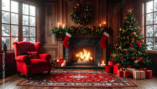 The living room is decorated in a classic Christmas theme, with a fireplace, a fully decorated Christmas tree, and a pair of red velvet armchairs in a room accented with dark wood.
