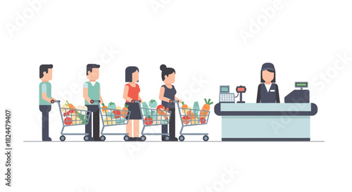 Queue of Shoppers at a Supermarket Checkout with Groceries in Carts, Waiting to Pay