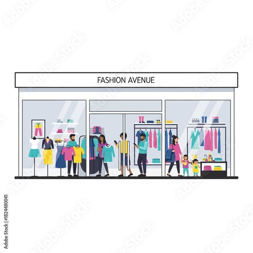 A vibrant illustration of a modern fashion store facade with diverse shoppers browsing and purchasing various clothing items, capturing the lively retail experience