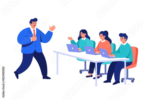 Business professional delivers an engaging presentation to a diverse team of employees, fostering an interactive learning environment during a training session or meeting
