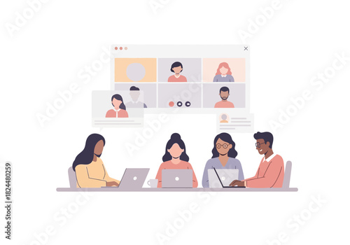 Illustration of people in a video conference call on their laptops, connected digitally for remote work or online meetings