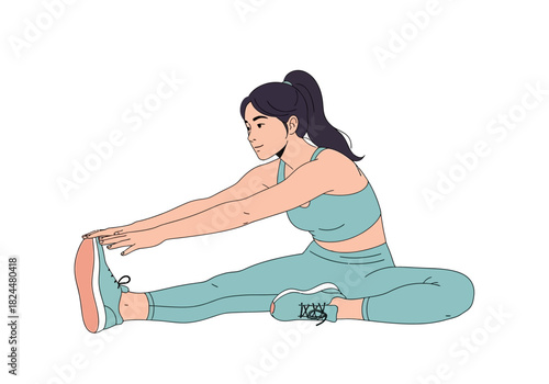 Young woman in sportswear doing a seated forward bend stretching exercise for flexibility and wellness. Illustration of a girl in a yoga pose