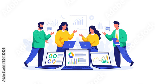 A collaborative business team analyzing complex data charts and graphs on laptops for strategic planning and market research