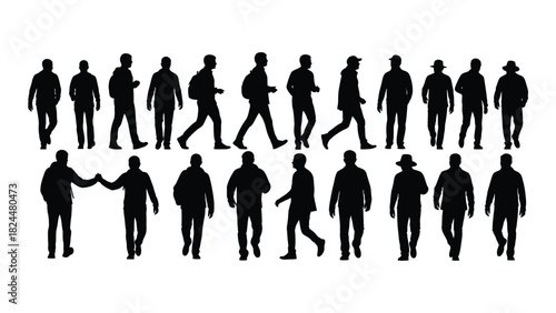 Diverse male silhouettes walking and interacting isolated on white background, Vector