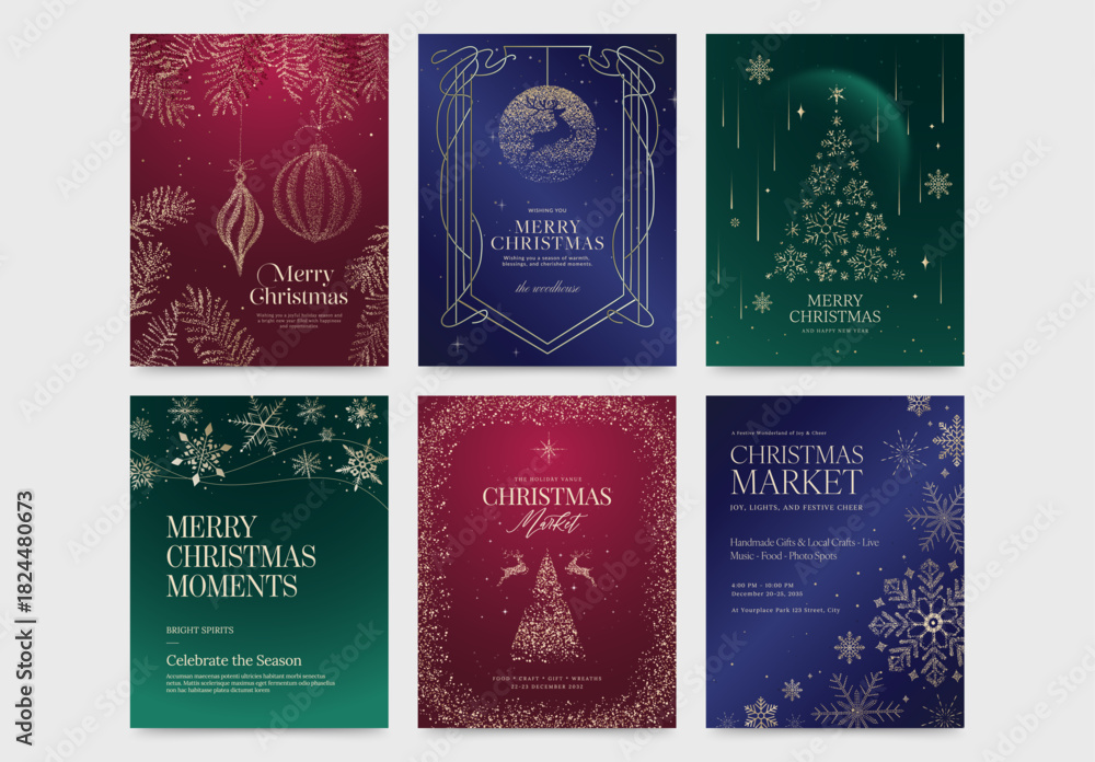 Naklejka premium Christmas Poster Flyer Set in Classic Festive Invitation Style & Luxury Red Green Blue Gold Hues with Elegant Ornaments, Elements & Decorations