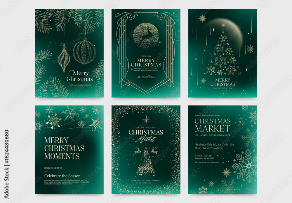 Obraz premium Christmas Poster Flyer Set in Classic Festive Invitation Style & Luxury Green Gold Hues with Elegant Ornaments, Elements & Decorations