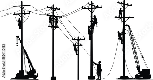 Silhouette of electrical workers repairing power lines on utility poles with cranes, high voltage maintenance, teamwork, safety, and energy infrastructure.