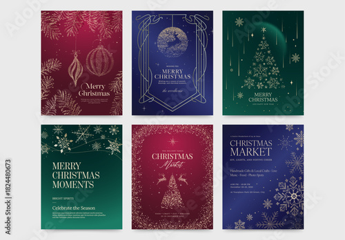 Christmas Poster Flyer Set in Classic Festive Invitation Style & Luxury Red Green Blue Gold Hues with Elegant Ornaments, Elements & Decorations