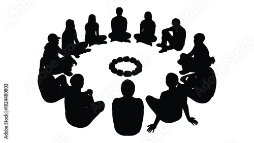 People sitting in circle around campfire silhouette isolated on white background, Vector