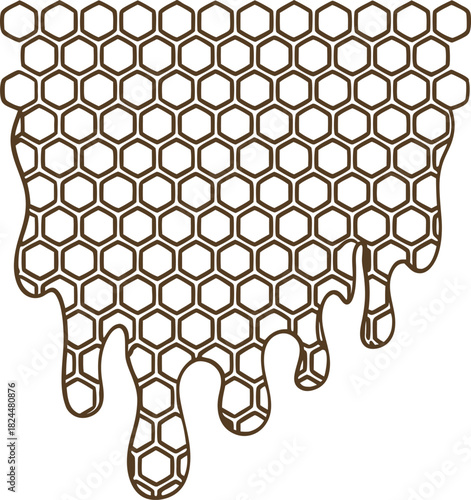 Honeycomb pattern with dripping honey geometric hexagon grid, sweet natural bee honey flow illustration
