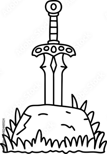 Sword embedded in stone with decorative hilt and grass, mythical fantasy symbol of power and heroism