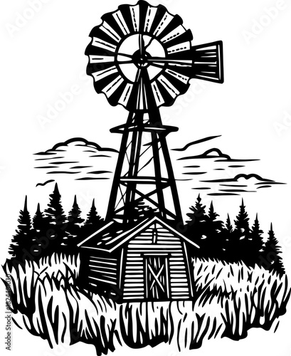 rustic windmill and wooden shed in countryside landscape with tall grass and evergreen trees illustration