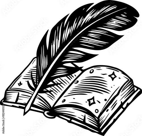 Vintage quill pen and open book retro writing symbol, classic literature and creative inspiration icon