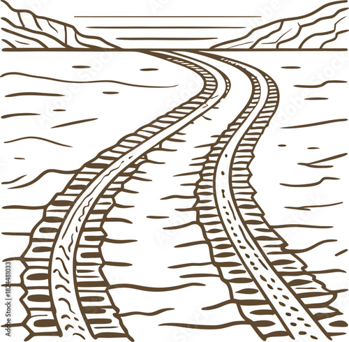 Curving train tracks through mountain landscape, stylized linear illustration of remote railway journey