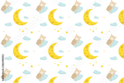Cute seamless pattern with sleeping bears on clouds, yellow moons, and stars. Gentle, dreamy design perfect for baby, nursery, or bedtime themes.