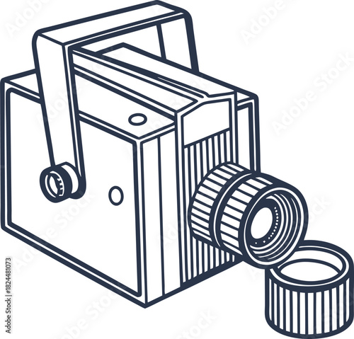 Vintage portable video camera with detached lens cap, retro media recording equipment illustration