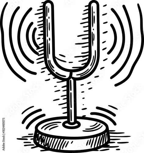 Tuning fork vibration illustration hand drawn vibrating metal instrument emitting sound waves
