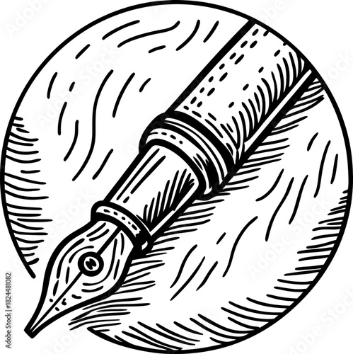 Vintage fountain pen nib illustration in hand drawn engraving style, circular sketch icon design