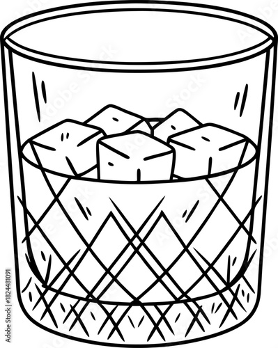 Whiskey glass with ice cubes hand drawn line art tumbler illustration, minimalist black and white drink icon