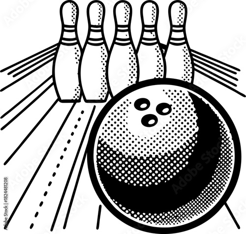 Bowling ball rolling toward pins on lane in retro halftone engraving