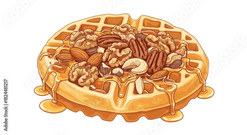 A delicious waffle topped with honey and assorted nuts, perfect for breakfast, brunch, or a delightful snack time treat