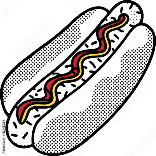 Classic hot dog with mustard and ketchup in bun, retro dotted halftone pop art illustration