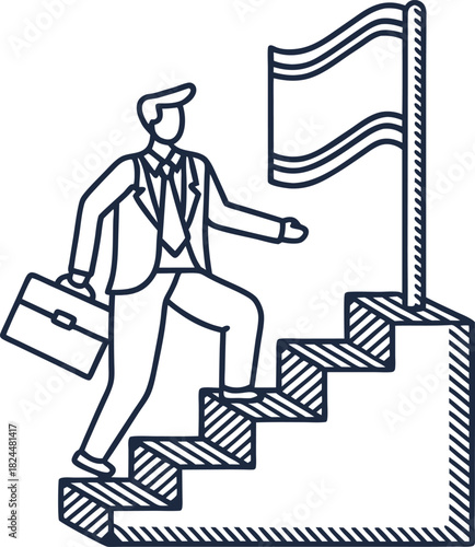 Businessman climbing staircase toward success flag, career growth, achievement and professional ambition