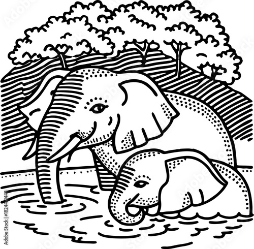 Adult and baby elephants bathing in river, hand drawn wildlife illustration with forest background