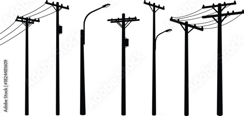 Silhouette of electricity poles and street lights with power lines on white background, urban electric infrastructure, city energy distribution system