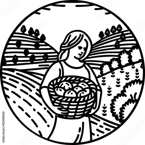female farmer holding basket of apples in countryside field, rural agriculture and harvest season