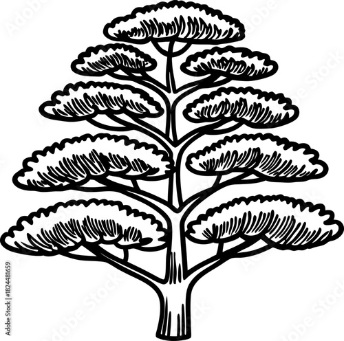 Stylized bonsai tree illustration with layered canopy branches and minimalist black line art