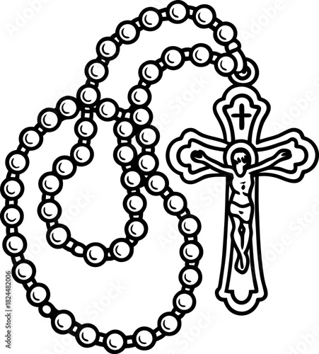 Rosary beads with crucifix and crucified jesus in religious line art illustration