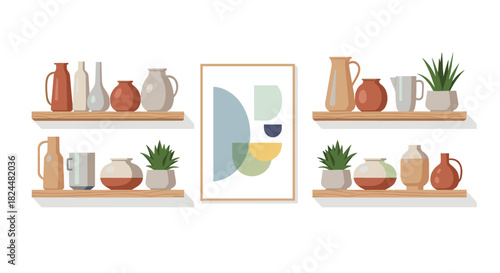 Stylish home decor featuring floating shelves with plants, pottery and framed geometric art adds a touch of modern elegance to any interior